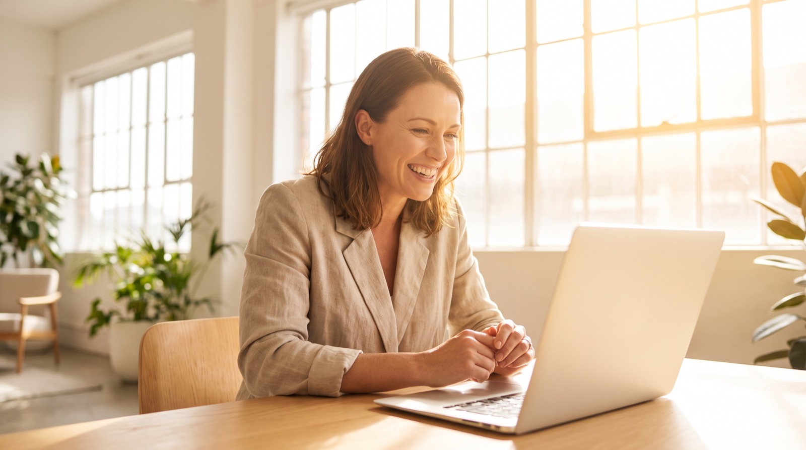 A woman smiling at her laptop in a bright office